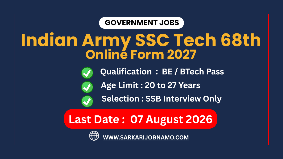 Indian Army SSC Tech 68th Course 2027 Online Form Last Date 7 August 2026